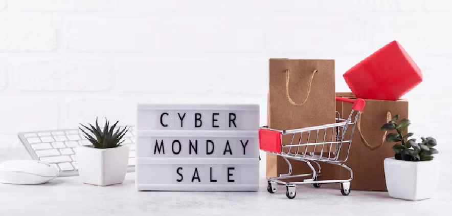 Home 12 Shopping cart, gift bags, and Cyber Monday Sale sign
